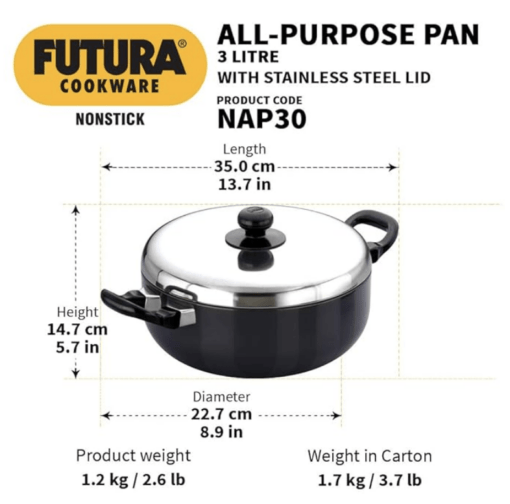 Hawkins Futura Nonstick All-Purpose Pan 3L, 22 cm, 3.25 mm with SS Lid (Black) - Image 2